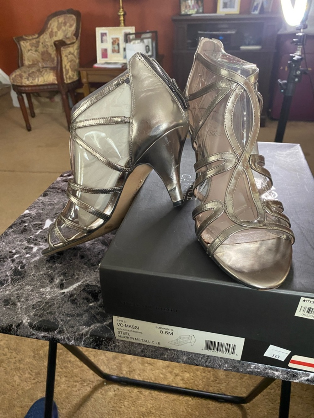 Macy's Metallic Silver Strappy High Heel Sandals